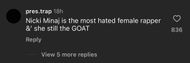 The comment section under @theshaderoom's post on Sexyy Red's comment on being the most hated female rapper. (Image via Instagram/@theshaderoom)